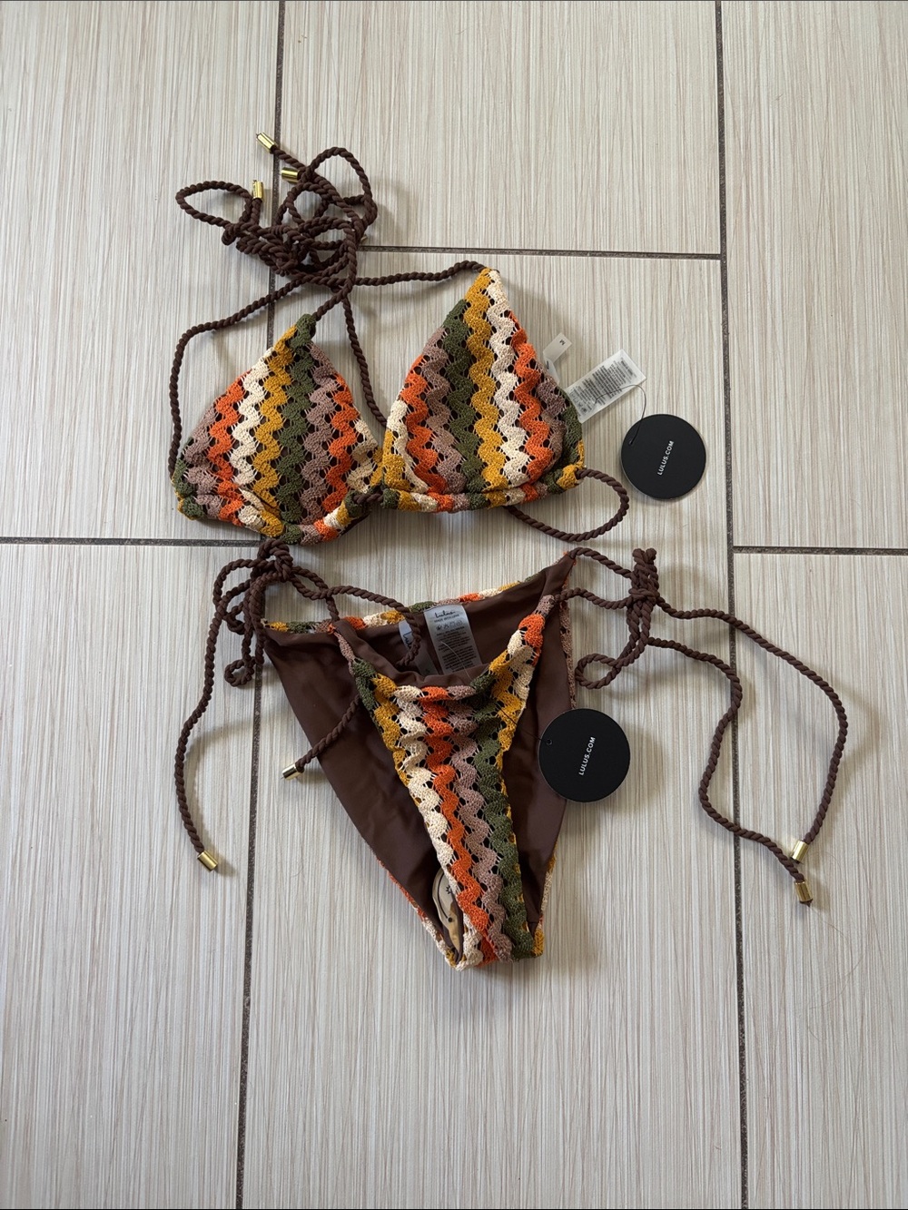 Lulus Crochet Triangle Bikini Set in Brown, Orange & Olive